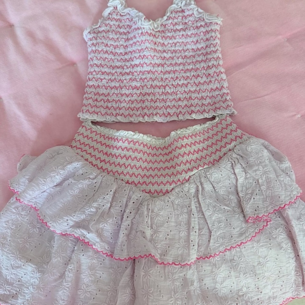 KatieJNYC Pink and White Ruffled Two-Piece Set